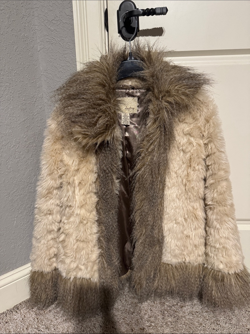 Daytrip Two-Tone Cream and Brown Teddy Jacket with Faux Fur Trim